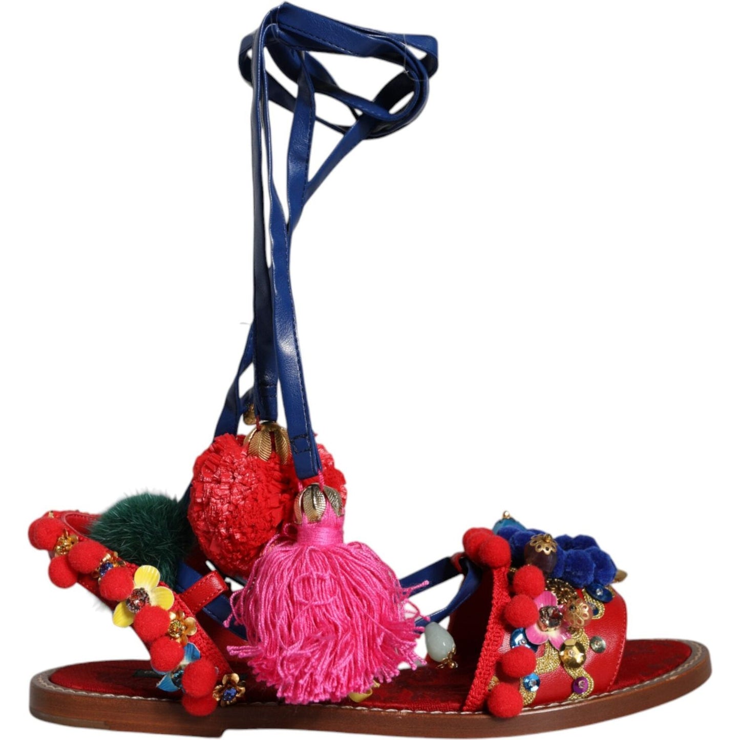 Dolce & Gabbana Multicolor Pom Pom Fur Wrap Sandals Shoes Dolce & Gabbana Pale Violet Red