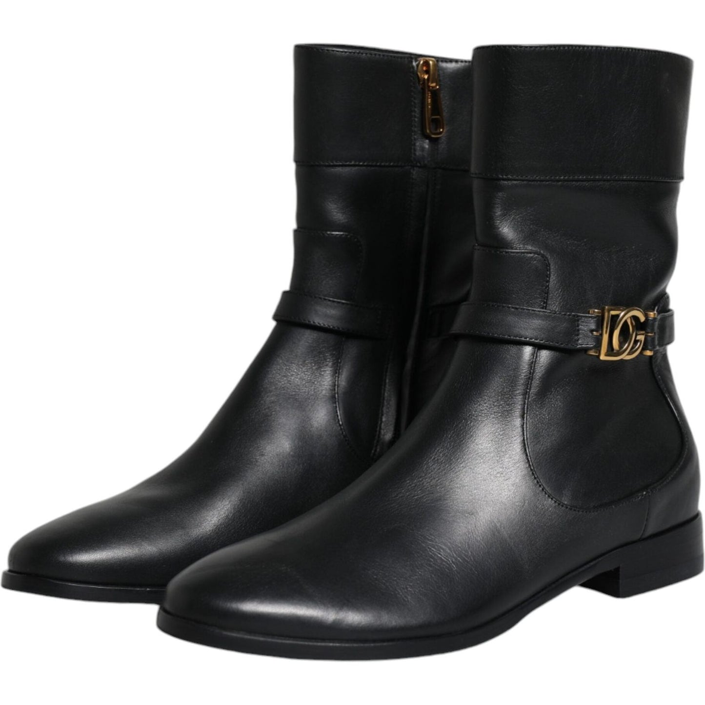 Dolce & Gabbana Black Leather Logo Mid Calf Boots Shoes Dolce & Gabbana Black