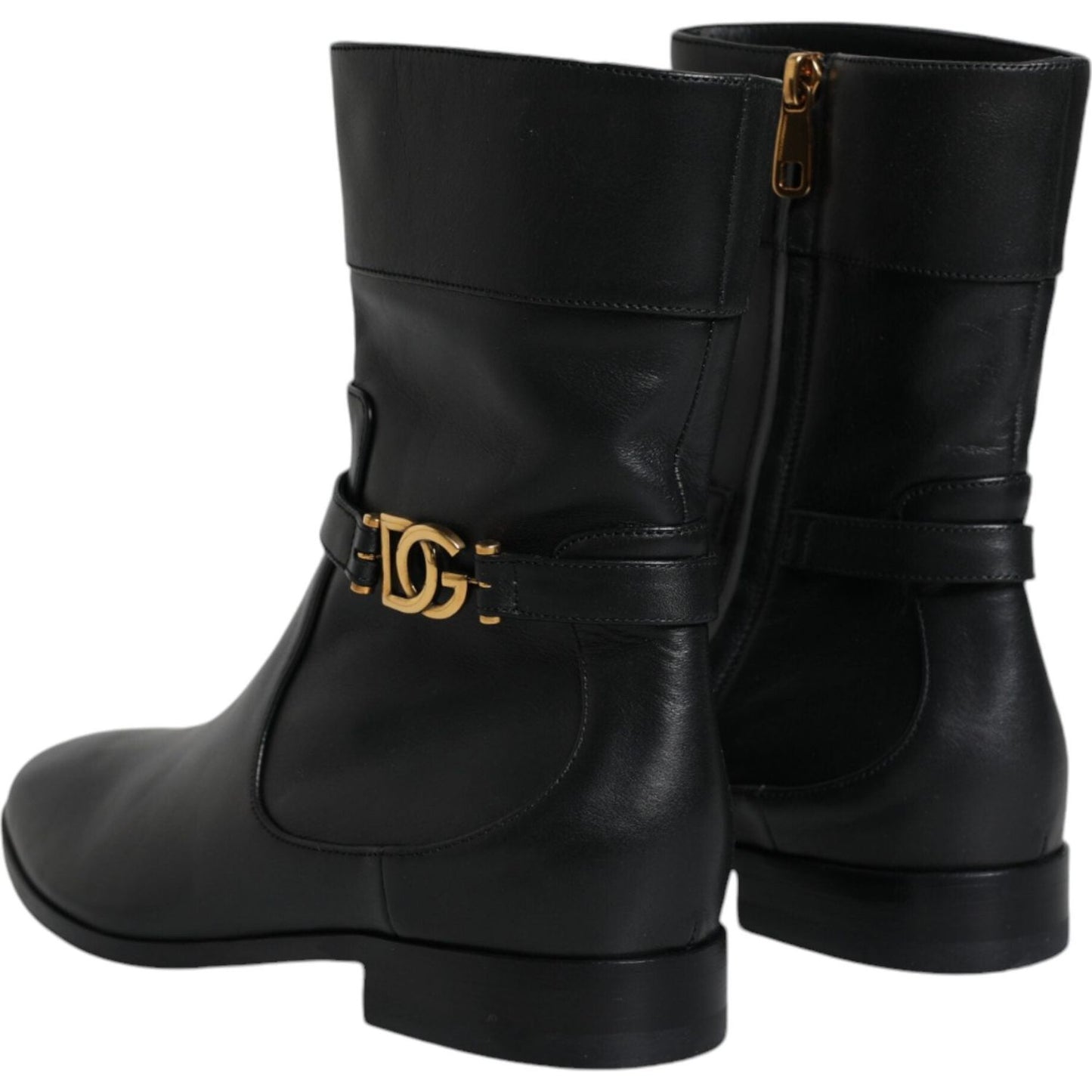 Dolce & Gabbana Black Leather Logo Mid Calf Boots Shoes Dolce & Gabbana Black