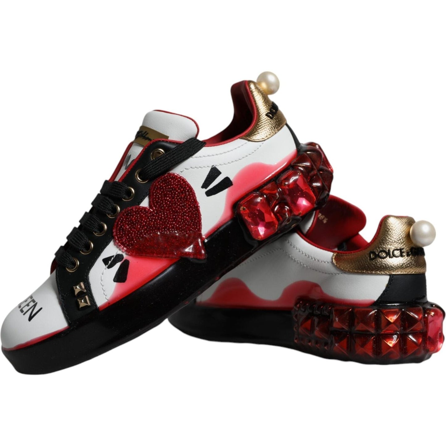 Dolce & Gabbana White Red Crystals Leather Portofino Sneakers Shoes Dolce & Gabbana Gray