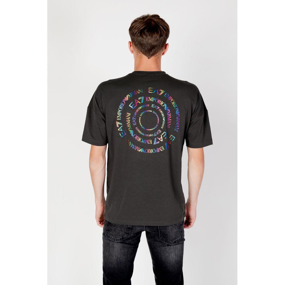 Back view of man wearing gray EA7 Emporio Armani t-shirt with colorful logo design, highlighting casual and modern style.
