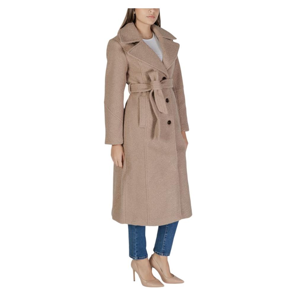 Vila Clothes women's beige polyester coat, perfect for fall/winter fashion. Elegant, long-length style with belt detail.