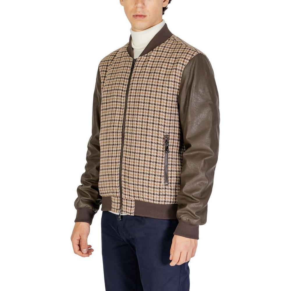 Gianni Lupo brown polyester jacket with wool blend for men, perfect for fall and winter, featuring stylish design and comfortable fit.