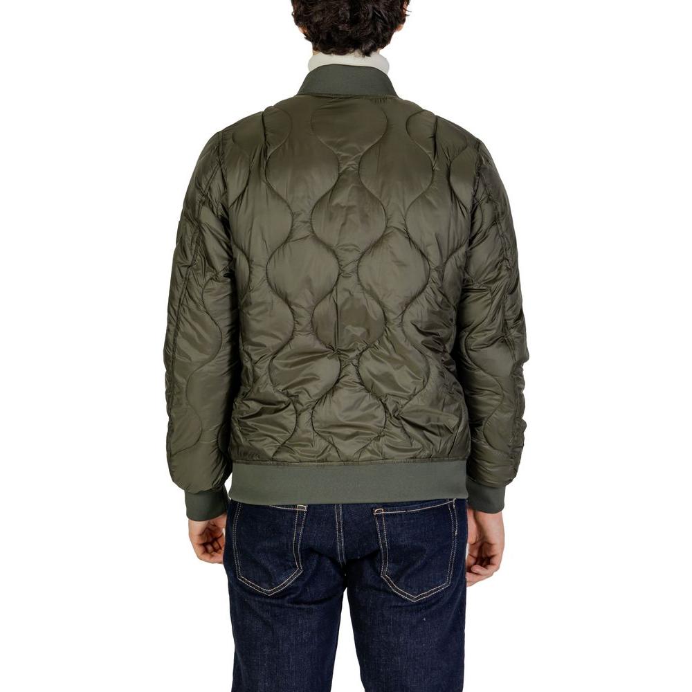 Back view of Gianni Lupo Green Polyamide Jacket, men's fall/winter collection, showcasing quilted design and ribbed hem.