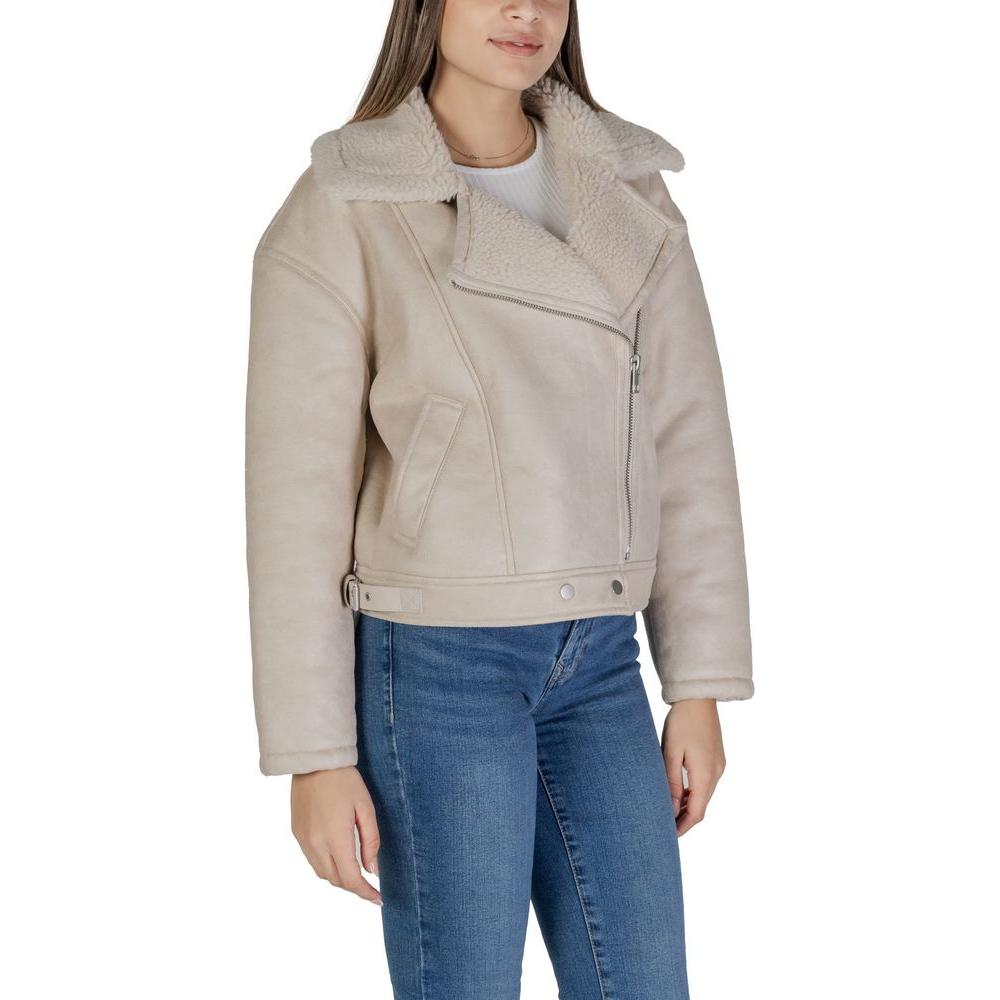 Vila Clothes beige artificial leather jacket, women's fall/winter collection, 100% faux leather, stylish and warm outerwear