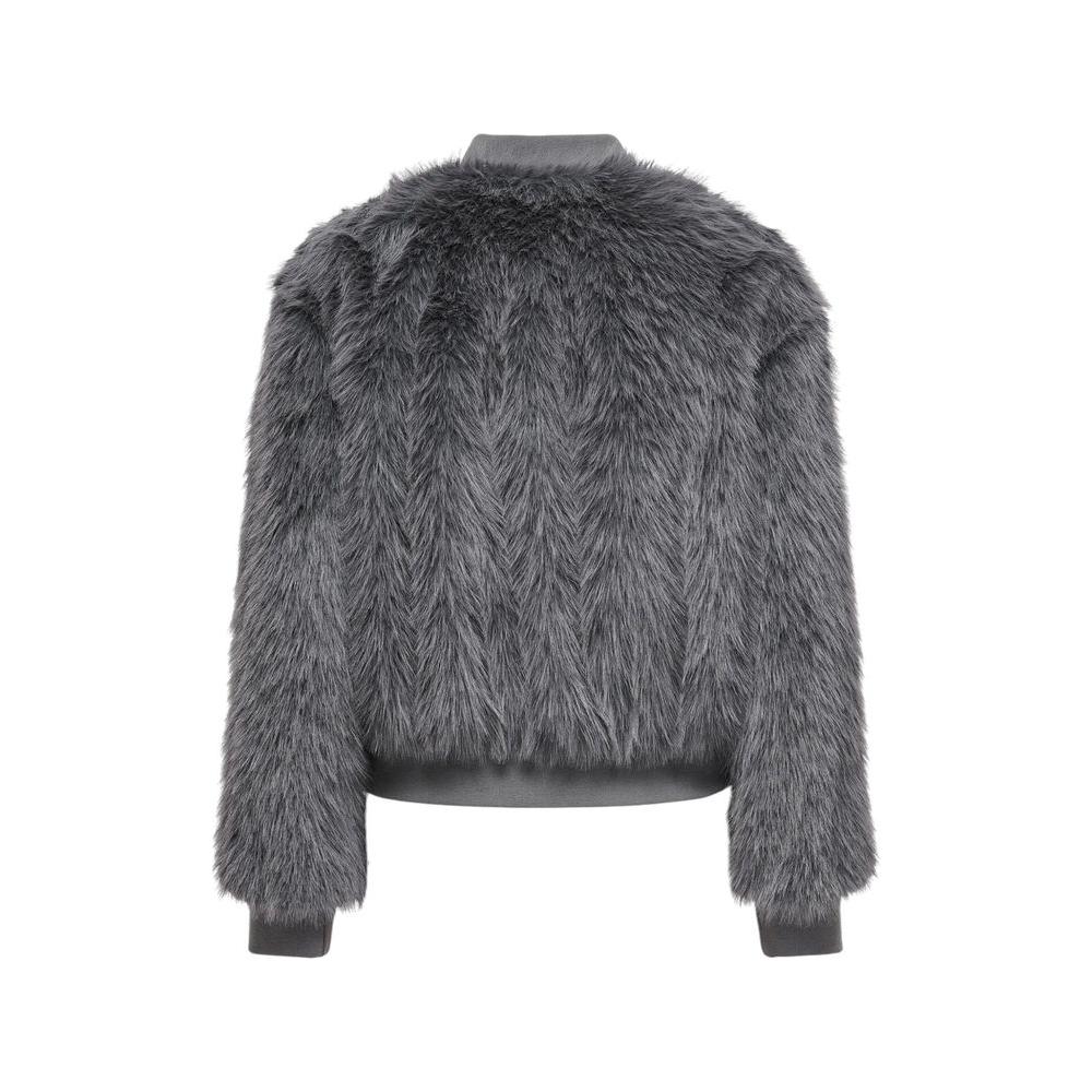 Gray polyester women's jacket from fall/winter collection, featuring a faux fur texture. 100% polyester coat.