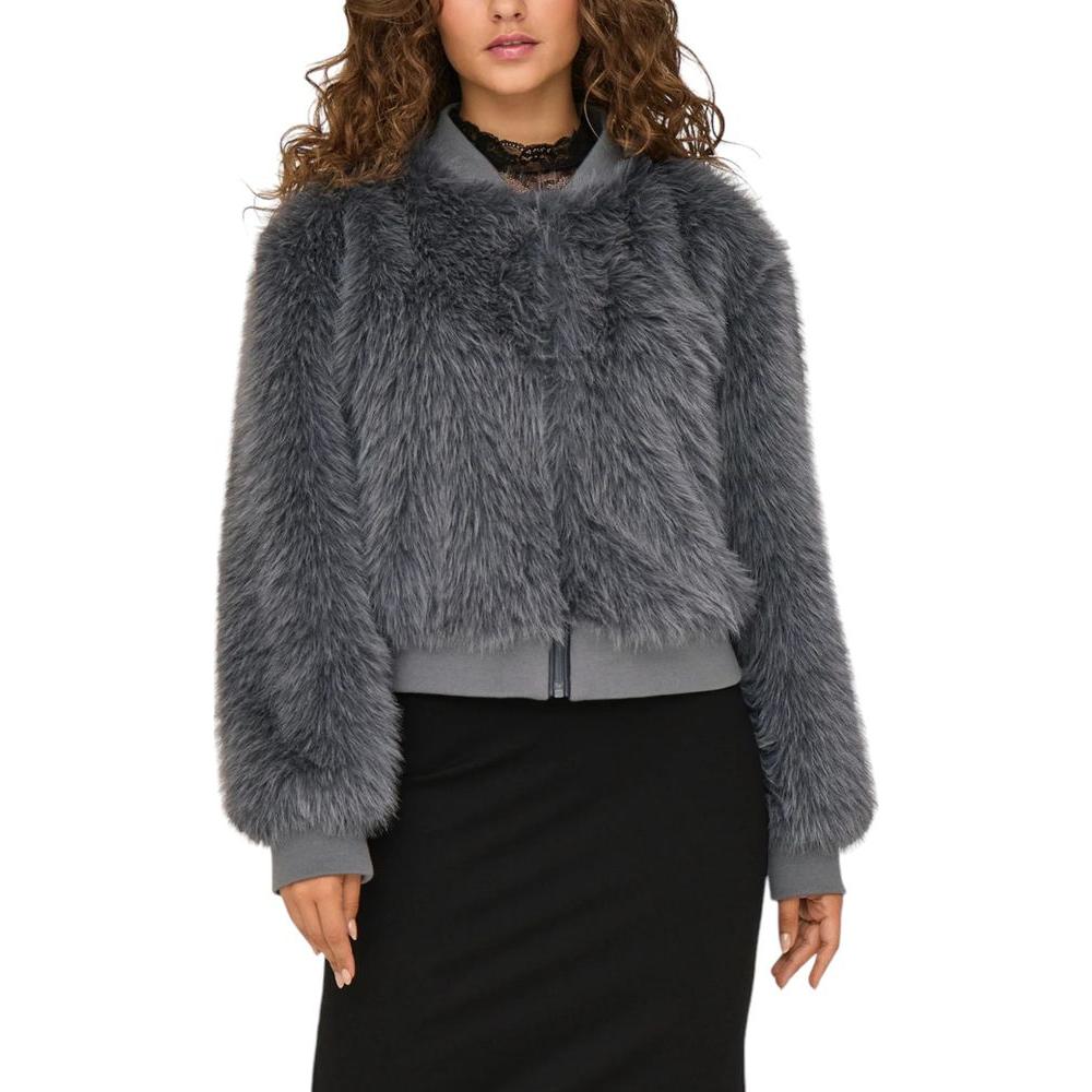 Women's gray faux fur jacket from fall/winter collection, 100% polyester, stylish and warm coat for winter fashion.