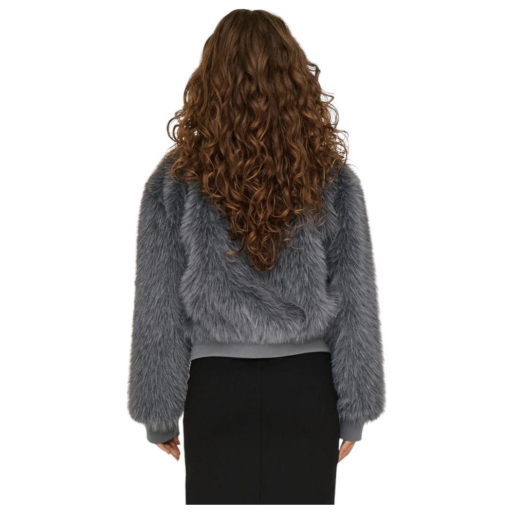Back view of a women's gray fur coat, 100% polyester, fall/winter collection, perfect for stylish seasonal wear.