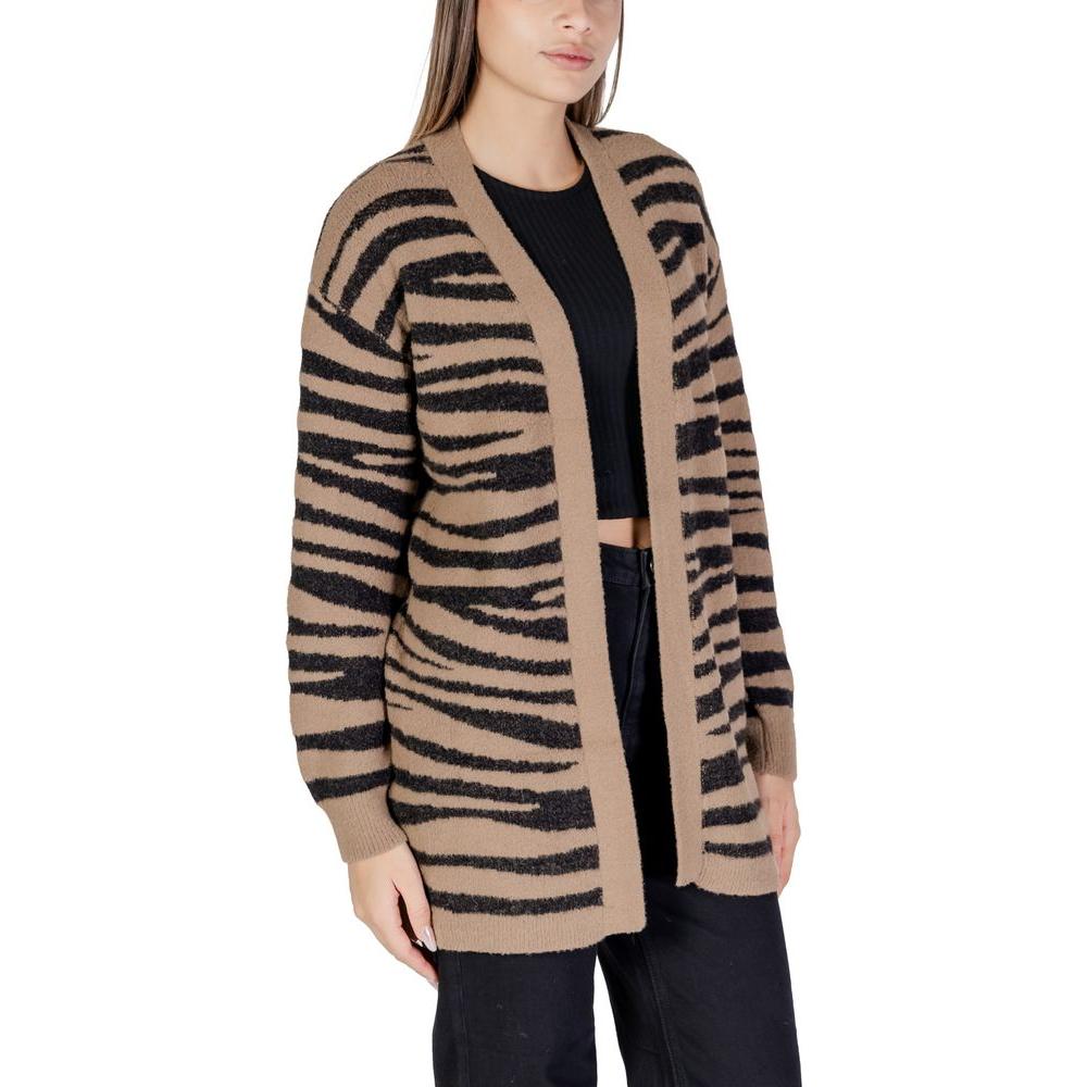 Jacqueline De Yong brown nylon cardigan for women, fall/winter collection, featuring a zebra pattern with black and tan stripes.