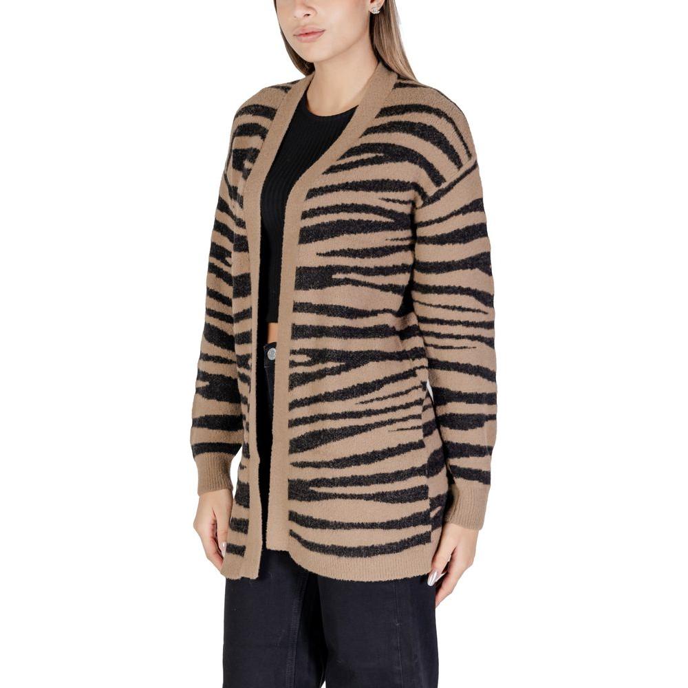 Jacqueline De Yong brown zebra-striped nylon cardigan for women, featuring knitwear design for fall/winter collection.