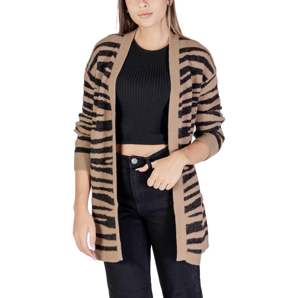 Jacqueline De Yong brown nylon cardigan with zebra stripes, women's fall/winter knitwear, featuring nylon, viscose, and polyester blend