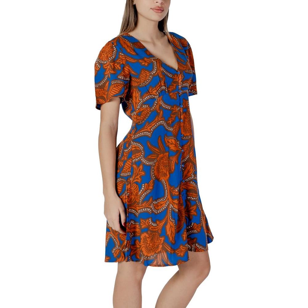 B.Young blue viscose dress with orange floral pattern, perfect for women's spring and summer fashion; 100% viscose