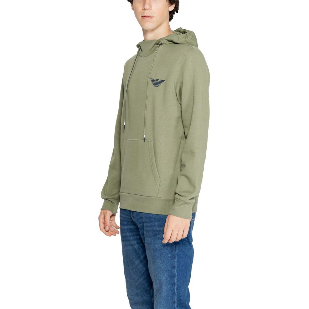 Model wearing Emporio Armani Underwear green cotton sweater with logo, perfect for casual wear. Modern design with hood and kangaroo pocket.