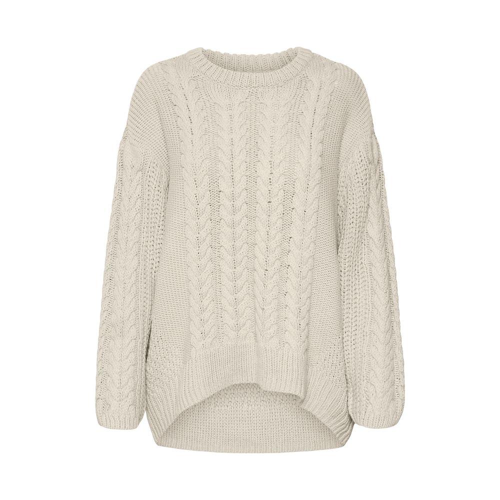 Vero Moda beige cotton sweater for women, fall/winter collection, featuring a cozy knit design, 60% cotton, 40% acrylic.
