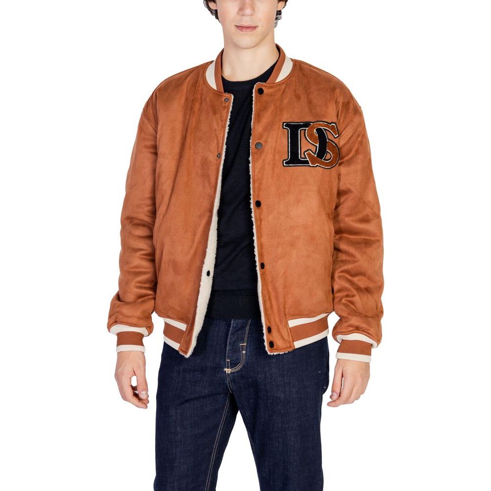 Person wearing Only & Sons brown polyester reversible jacket with embroidered details, showcasing trendy and versatile fashion.