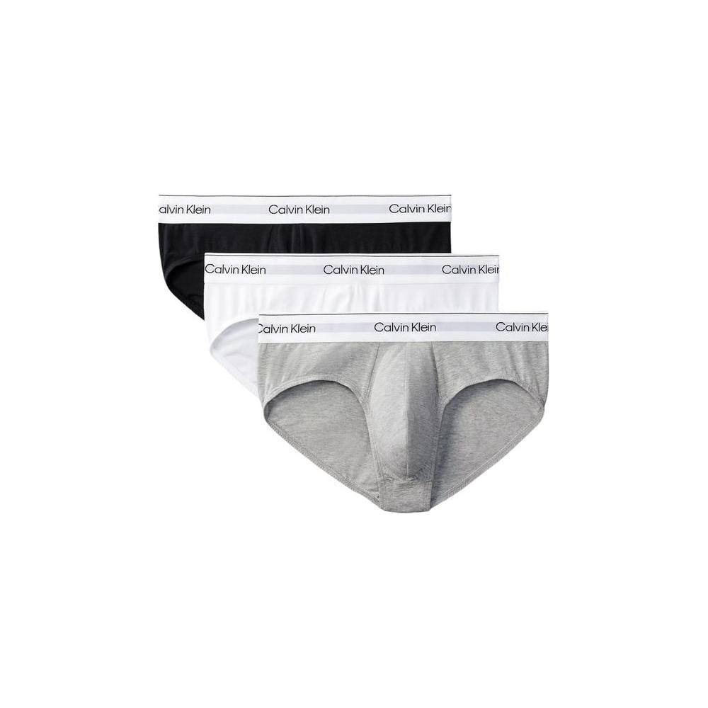 Calvin Klein gray cotton underwear 3-pack with logo waistband for men, featuring black, white, and gray briefs.