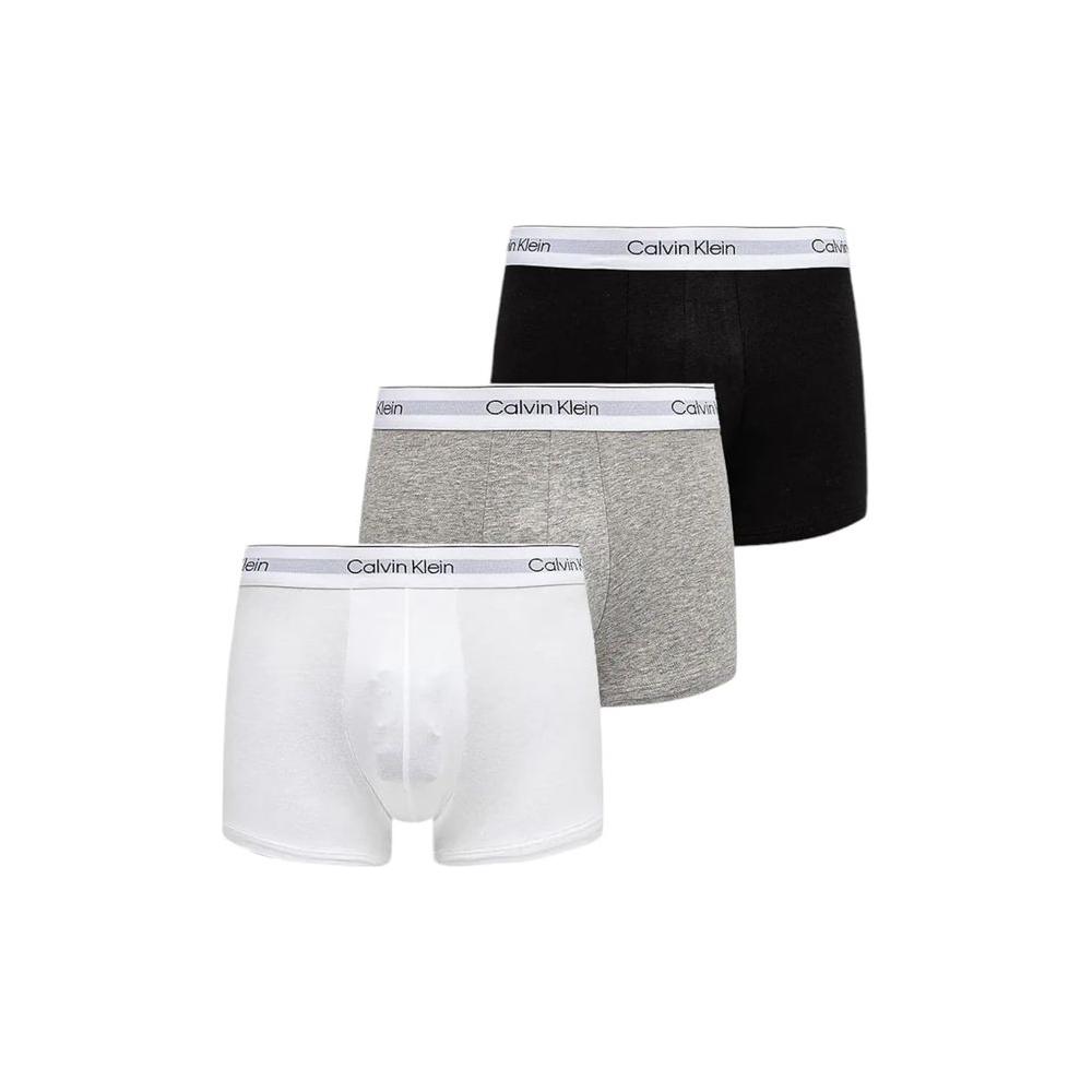 Calvin Klein Underwear TRUNK 3PK in black, gray, and white with logo waistband, 95% cotton for comfort.