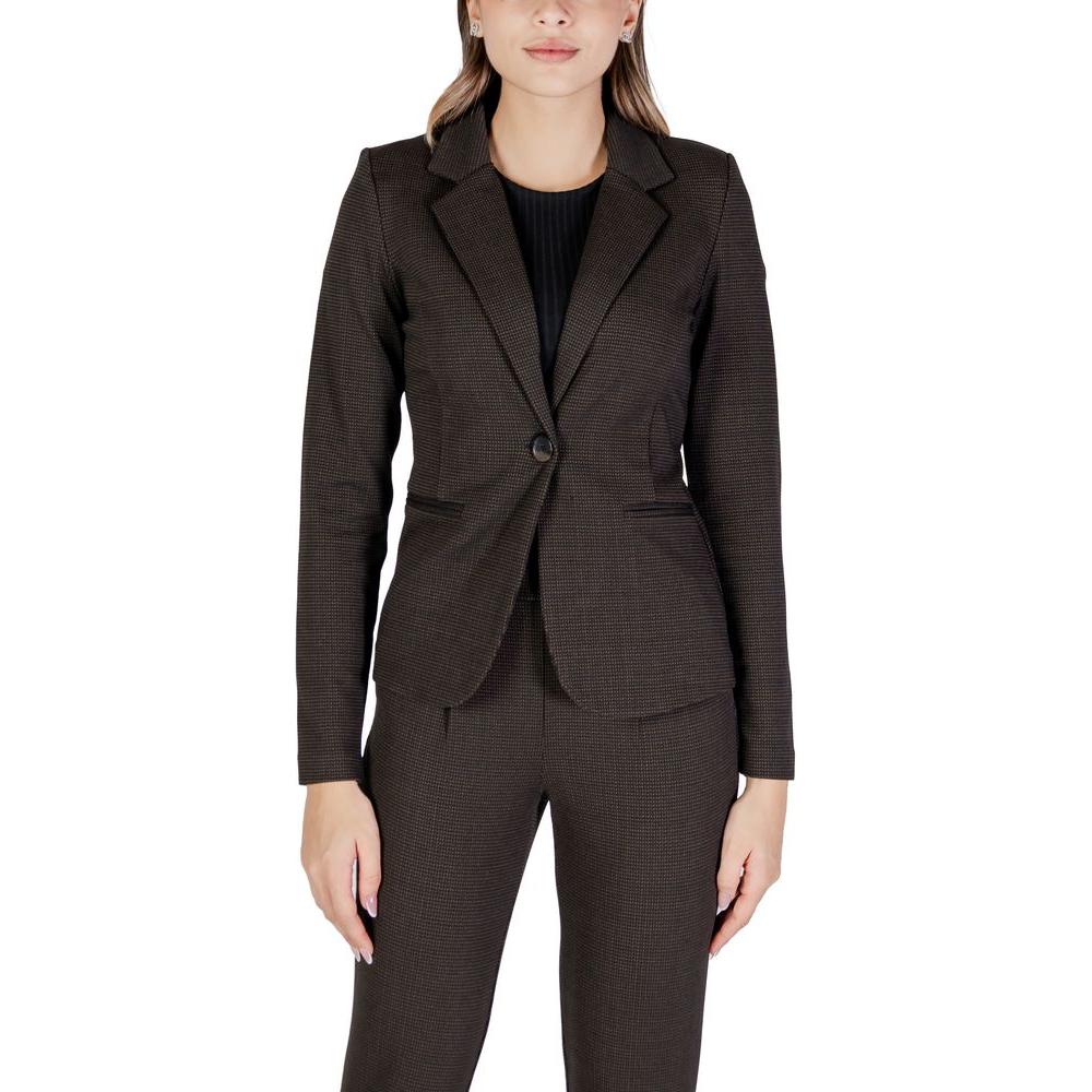 Women’s ICHI brown polyester blazer suit for fall/winter collection, featuring 68% polyester, 27% viscose, and 5% elastane.