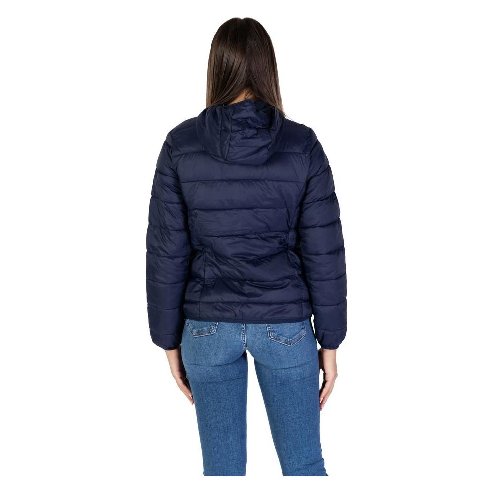 Back view of women's B.Young blue nylon jacket from the fall/winter collection, featuring hood and puffer style.