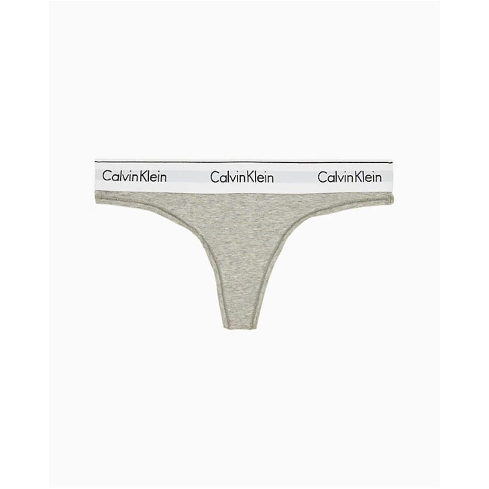 Calvin Klein gray cotton thong underwear with logo waistband, lightweight and breathable design for everyday comfort.