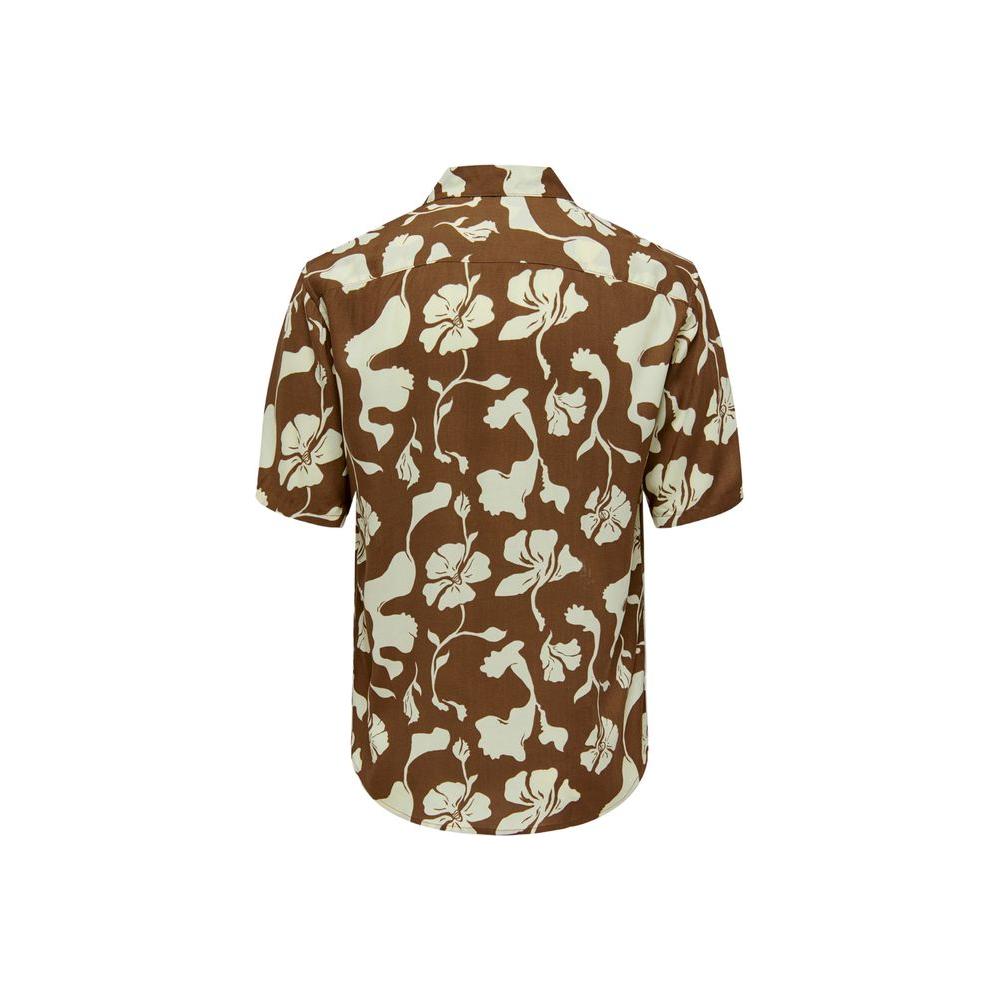 Back view of Only & Sons brown viscose short-sleeve shirt for men, featuring a floral print, ideal for spring/summer collection.