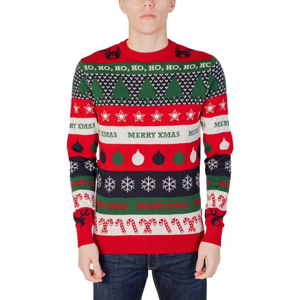 Festive red and green Christmas sweater with holiday patterns and text, featuring trees, ornaments, and snowflakes.