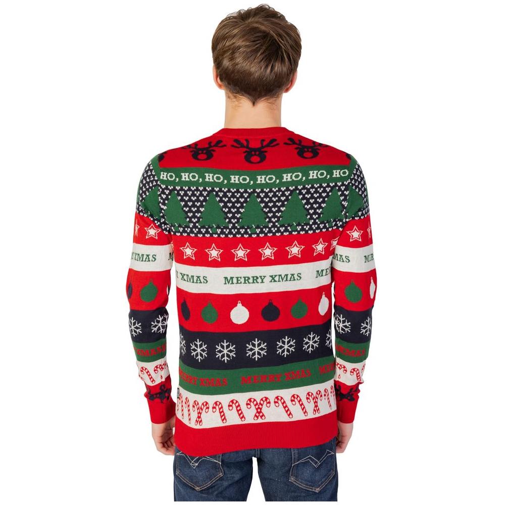 Back view of a festive Christmas sweater with holiday patterns and Merry Xmas text, worn by a model in jeans.