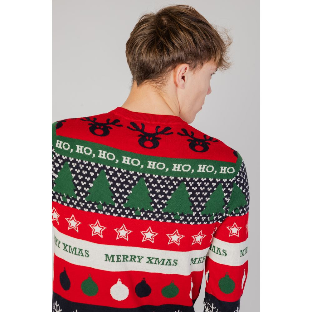 Back view of a festive Christmas sweater with reindeer, trees, and Merry Xmas patterns in red, green, and white.
