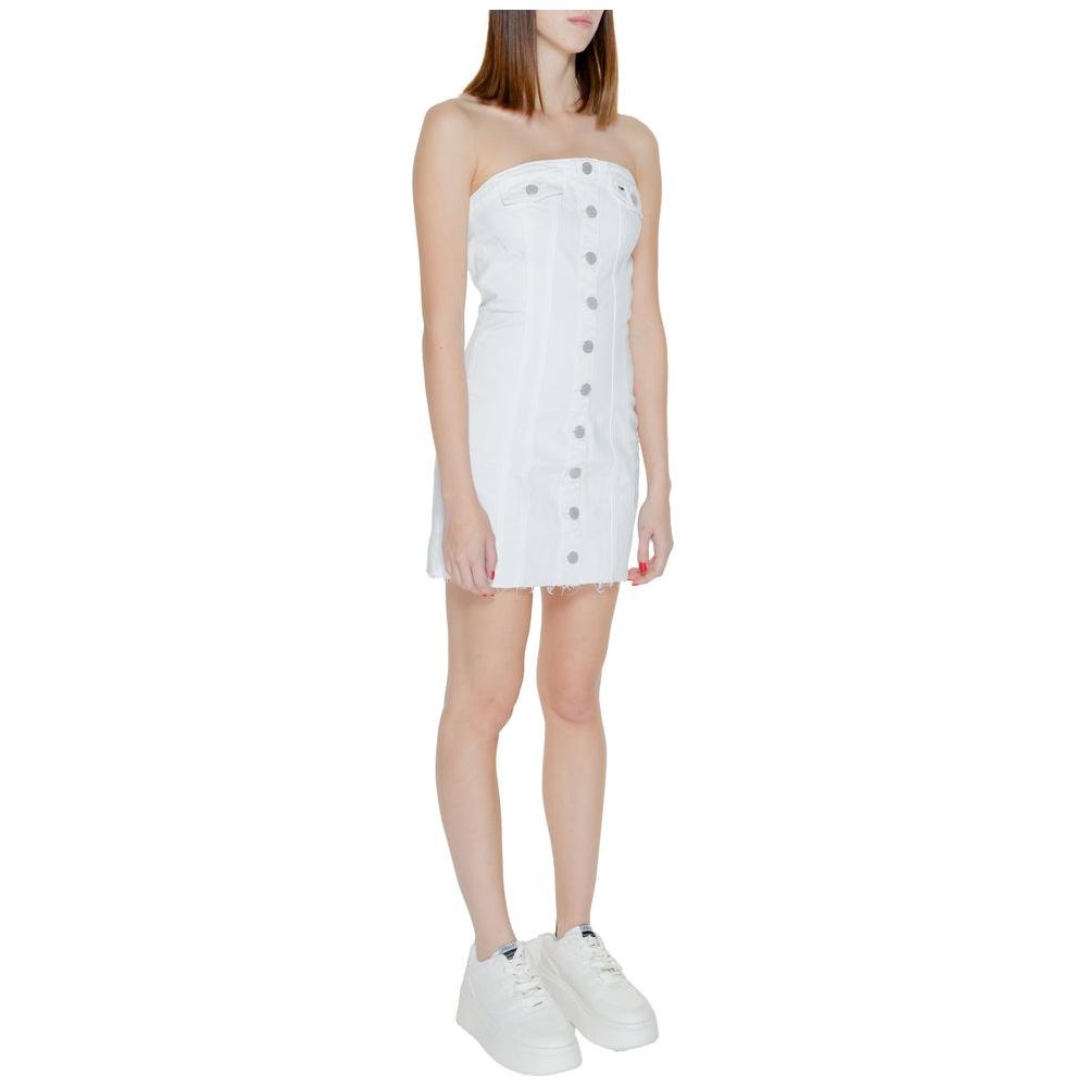 Women's short white recycled cotton dress by Tommy Hilfiger, spring/summer collection, featuring a button front and strapless design.