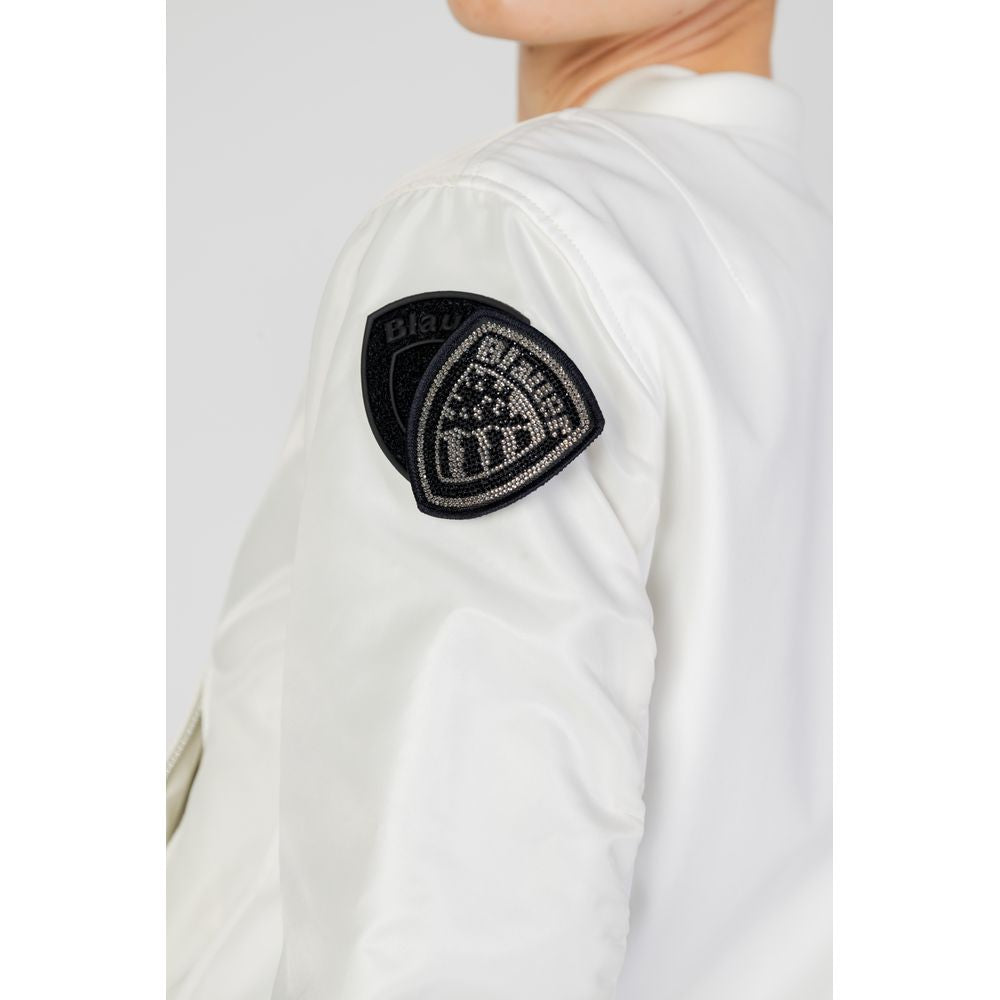 Close-up of Blauer white women's jacket with patch, spring/summer collection, 100% polyamide.