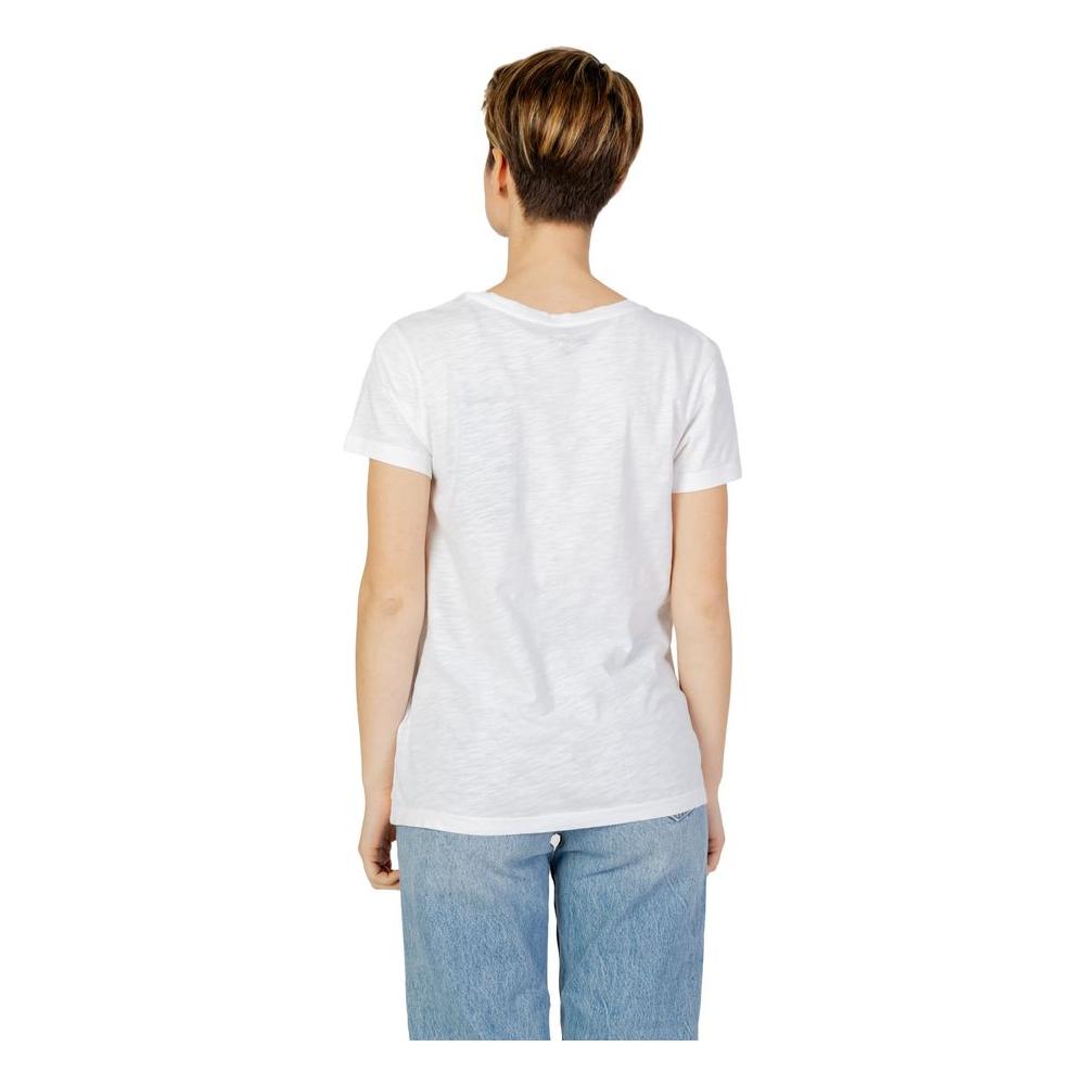 Back view of a woman wearing a Blauer white cotton T-shirt, part of the women's spring/summer collection, paired with blue jeans.