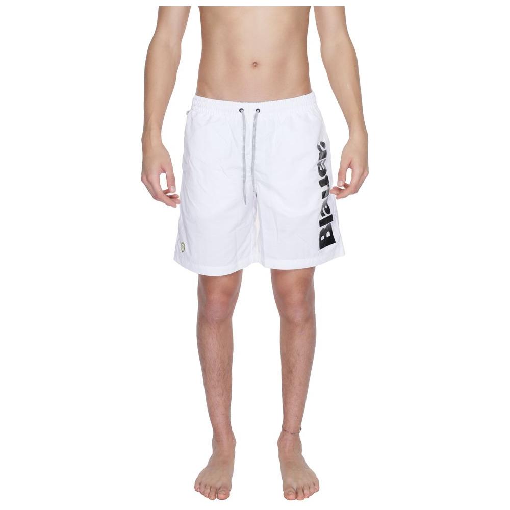 Men's Blauer white polyamide swimwear for spring/summer with drawstring waist, 75% polyamide, 25% polyester.