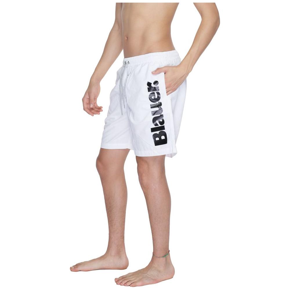 Men wearing Blauer white polyamide swimwear shorts, side view showcasing logo and design, perfect for spring/summer collection.