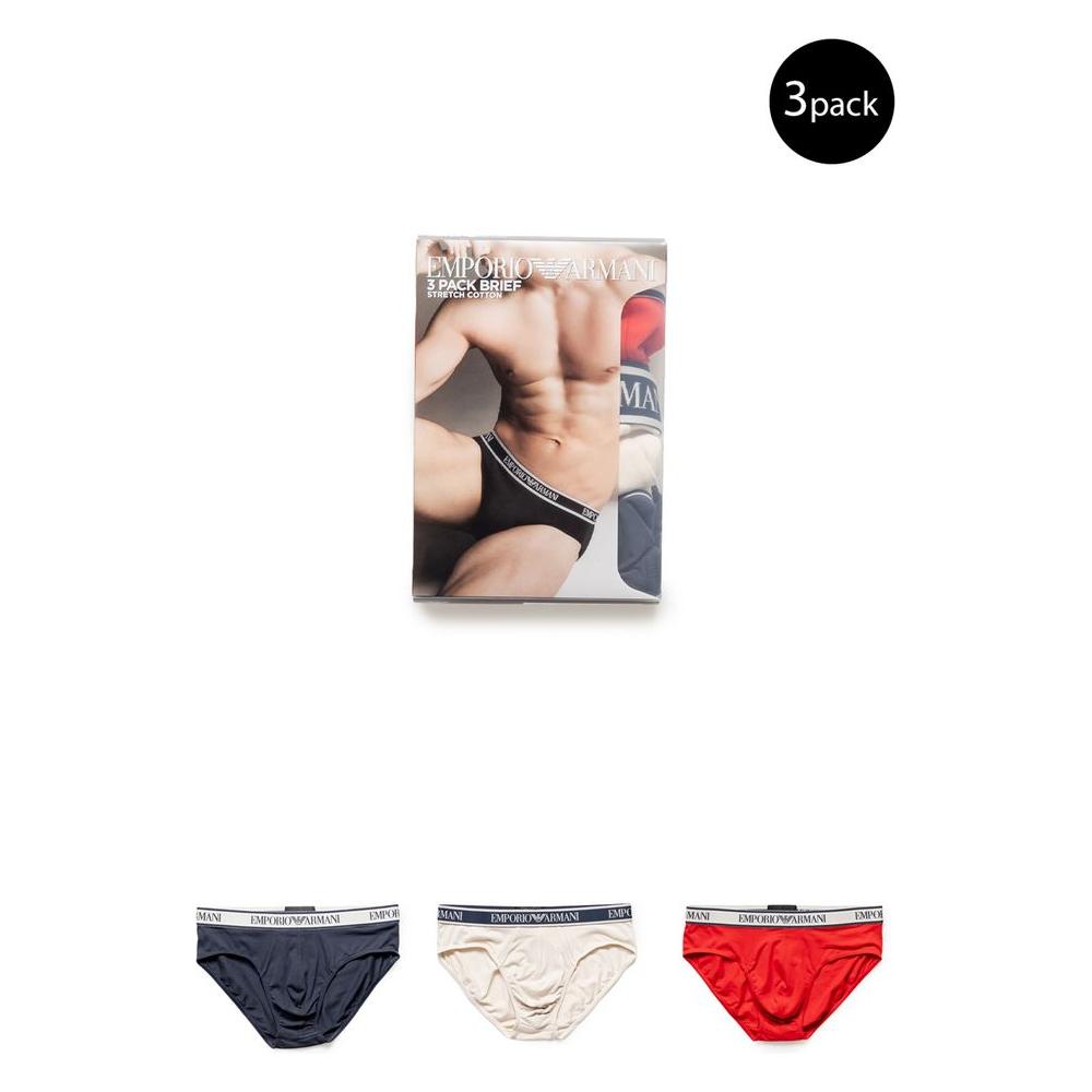 Three-pack of Emporio Armani underwear featuring navy, white, and red cotton briefs with elastic waistband, packaged in branded box.