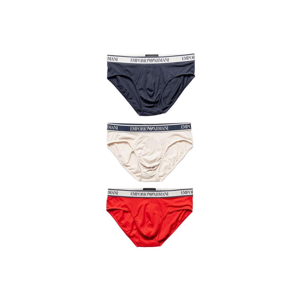 Emporio Armani men's briefs in black, white, and red with an elastic waistband, featuring 95% cotton for a comfortable fit.