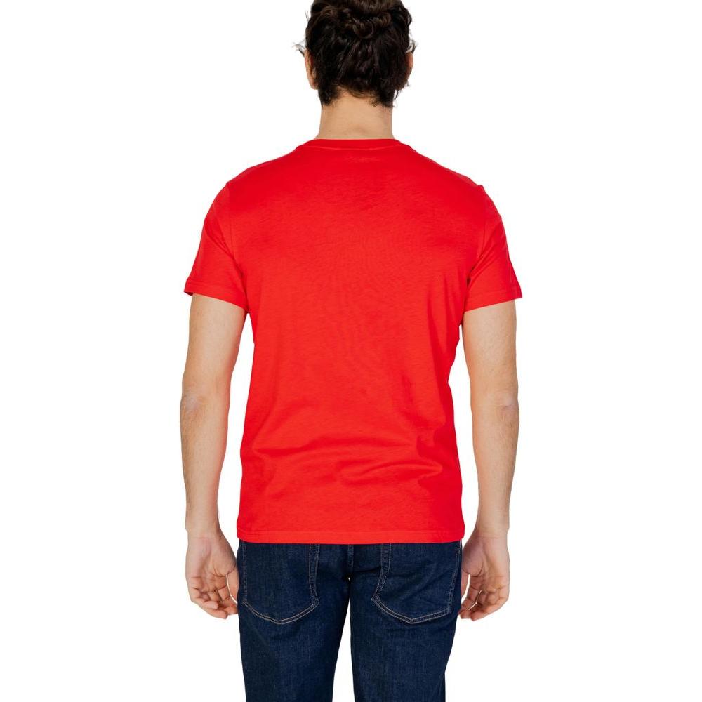 Back view of red Emporio Armani cotton t-shirt for men, showcasing short sleeves and modern design.