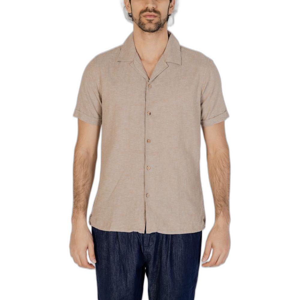 Hamaki-Ho beige linen shirt for men, short-sleeved, part of the Spring/Summer collection, 55% linen and 45% cotton blend.
