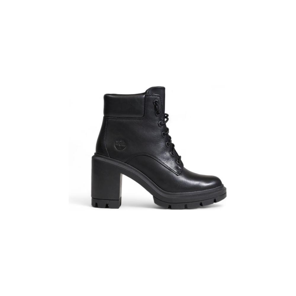 Black leather heeled boot with lace-up design and Timberland logo.