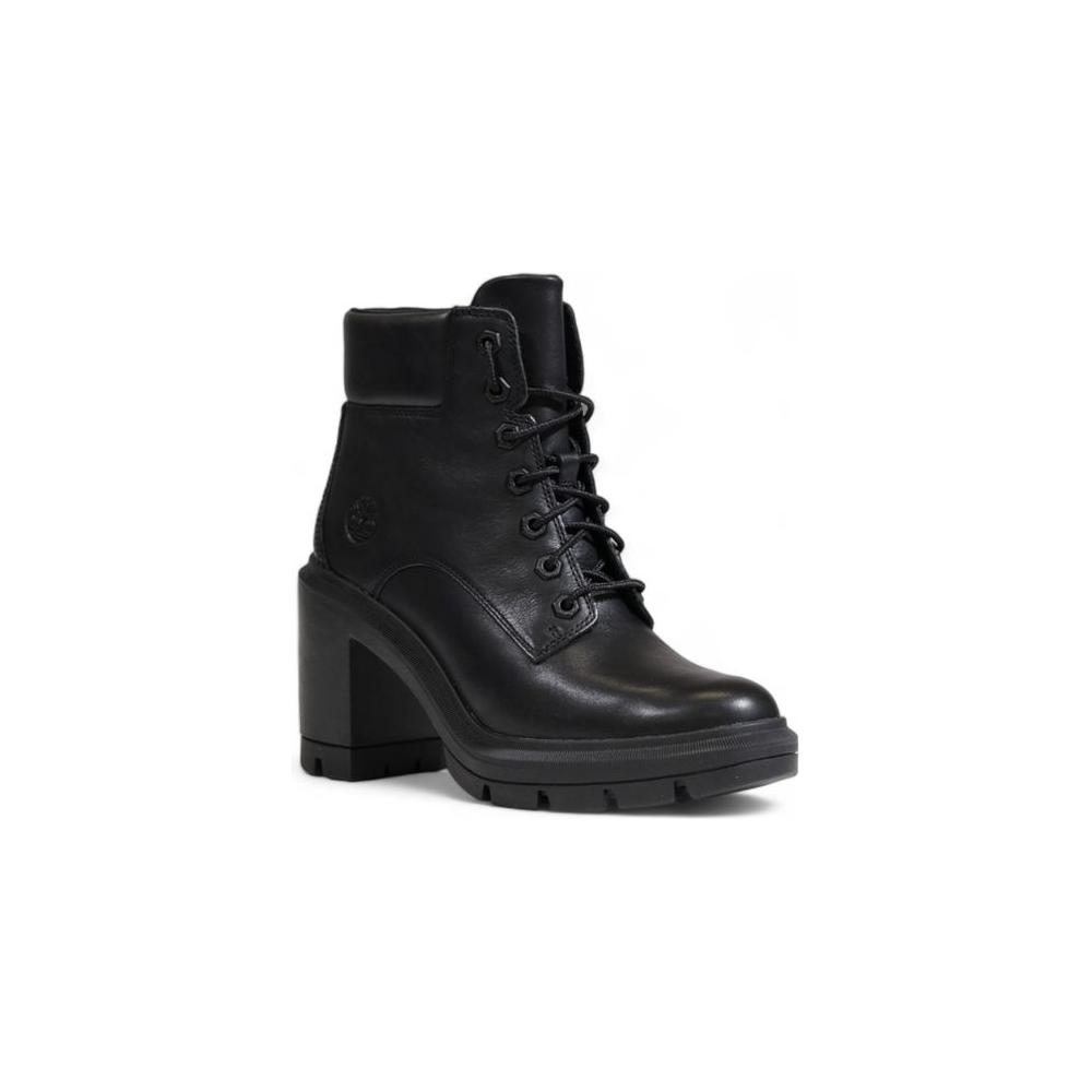 Women's black heeled ankle boot made by Timberland, featuring a sleek design ideal for fall and winter fashion.