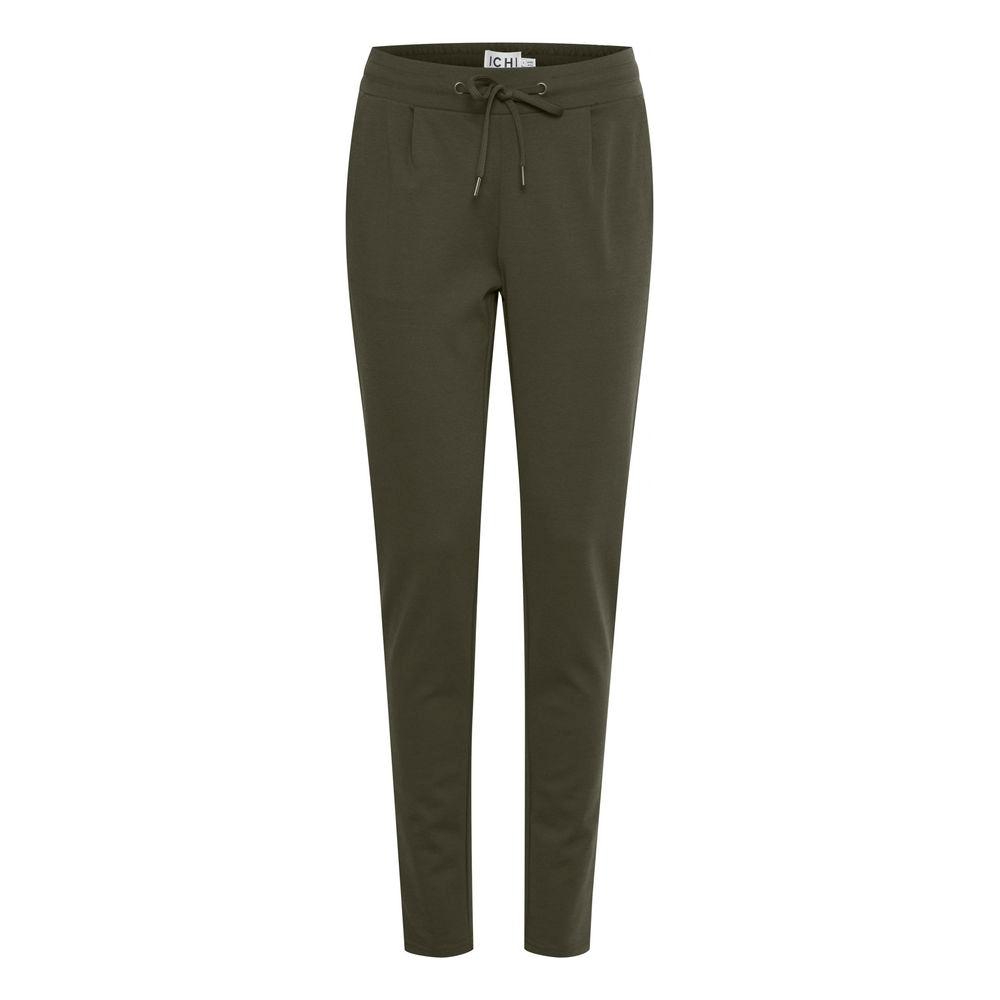 ICHI women's green polyester cigarette pants for fall/winter, composed of 74% polyester, 22% viscose, and 4% elastane.
