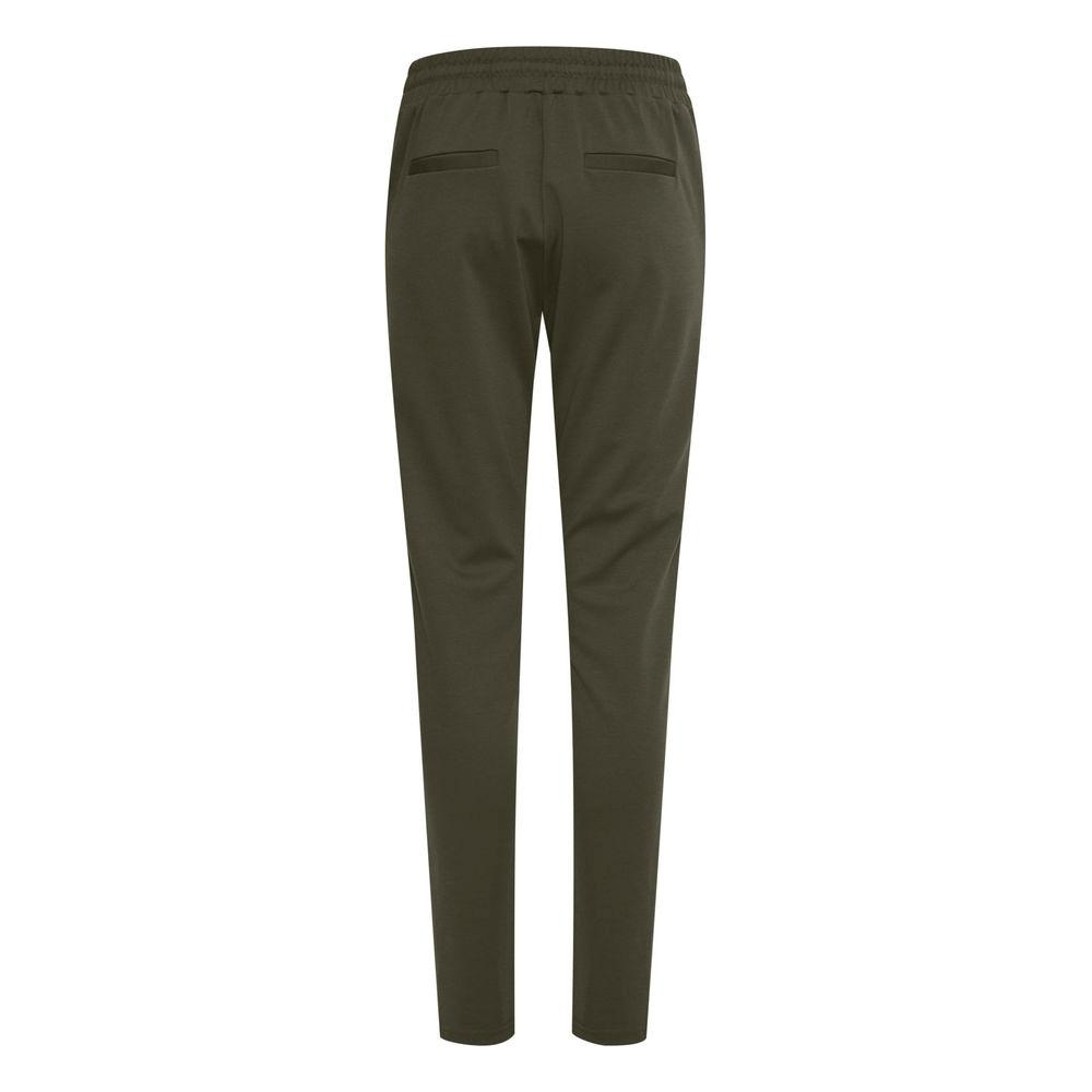 Back view of ICHI green polyester women's cigarette pants for fall/winter, featuring pocket details and elastic waistband.