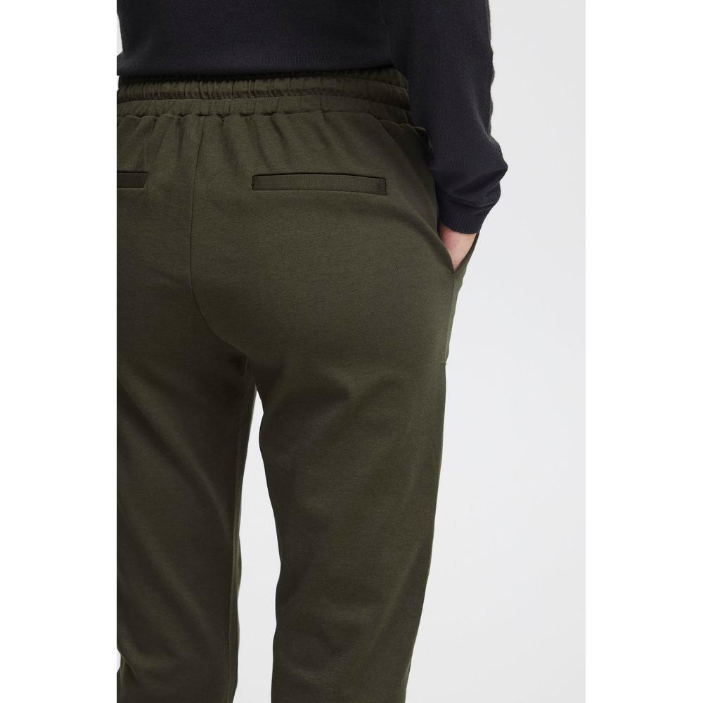 Women's ICHI green polyester cigarette pants, fall/winter collection, featuring an elastic waistband. Made of polyester, viscose, elastane.