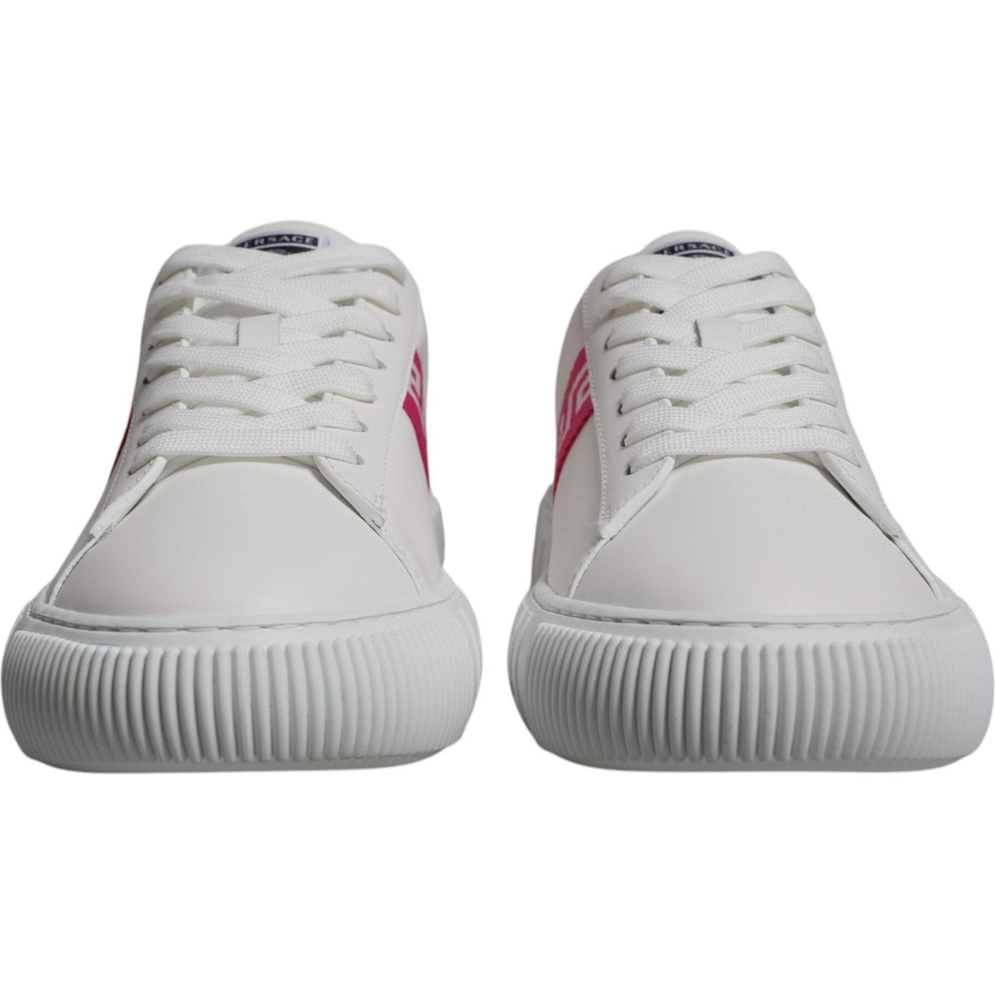 Versace white pink Greca platform sneakers, front view, leather, lace-up, logo on tongue, exclusive Italian design.