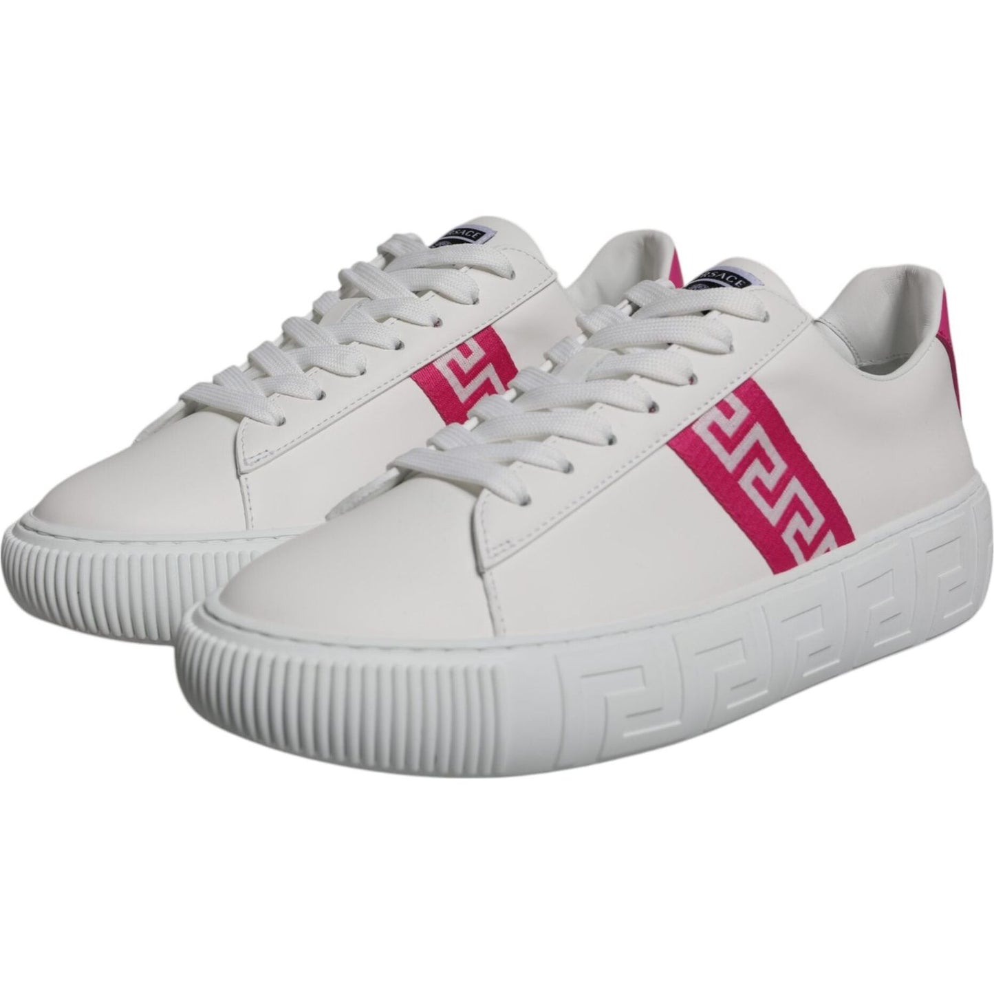Versace white pink sneakers with Greca print, platform sole, calf leather, front lace-up, logo detail, low-top design.