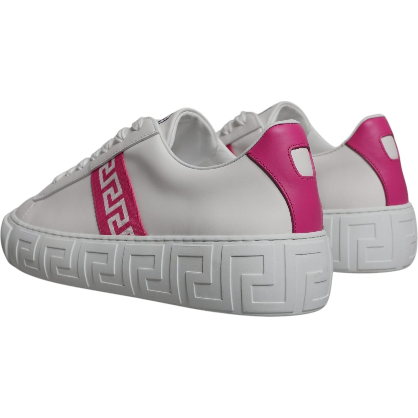 Versace white pink Greca print platform low-top sneakers with logo detailing and rubber sole, made in Italy, high craftsmanship footwear.