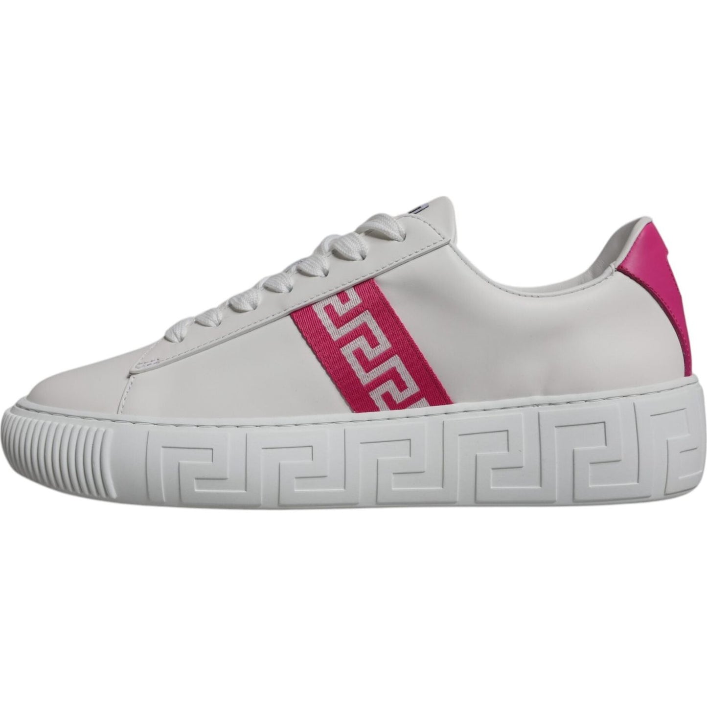 Versace white and pink Greca print platform low-top sneakers with leather design and logo detail.