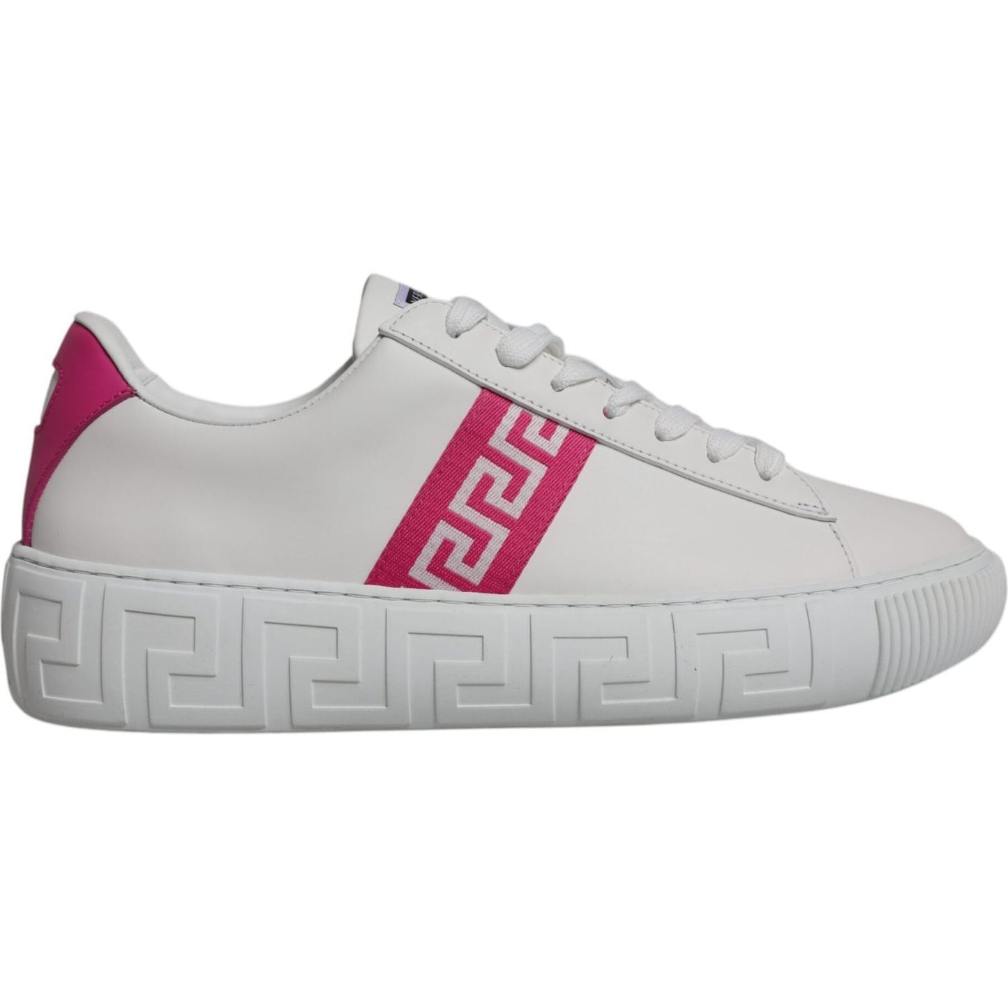 Versace White Pink Greca Print Platform Low Top Sneakers with Logo Details, Made in Italy, Calf Leather, Rubber Sole