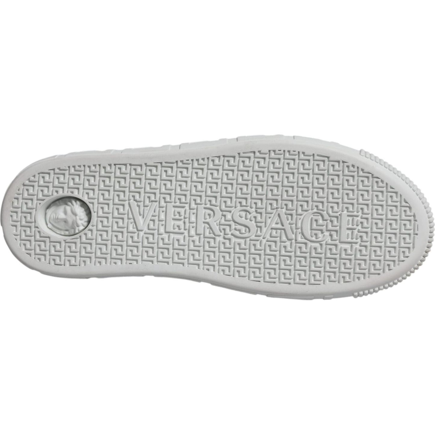 Alt Tag: Versace Greca pattern sneaker sole, featuring brand logo detailing on white rubber, suitable for Versace shoes brand showcase.