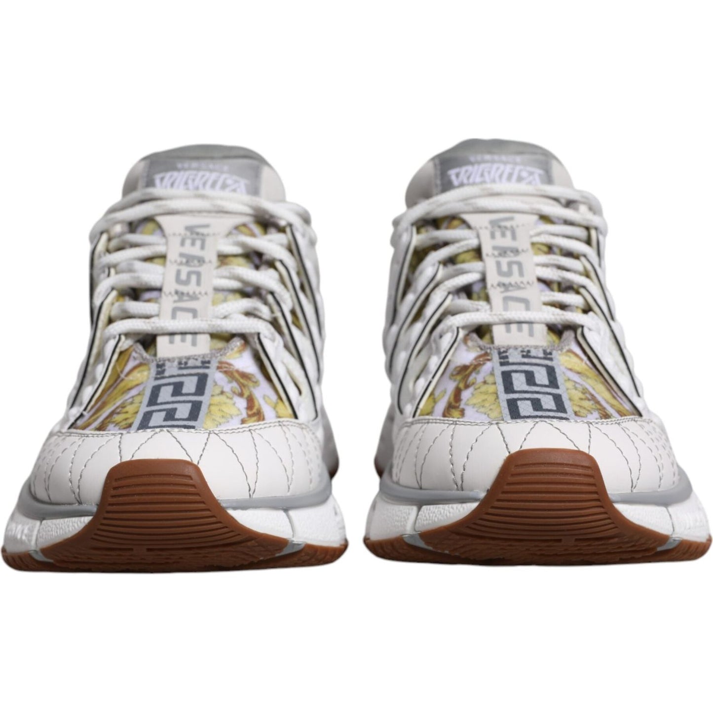 Versace White Trigreca Barocco Print Low Top Sneakers with Greca pattern and lace-up closure, front view.
