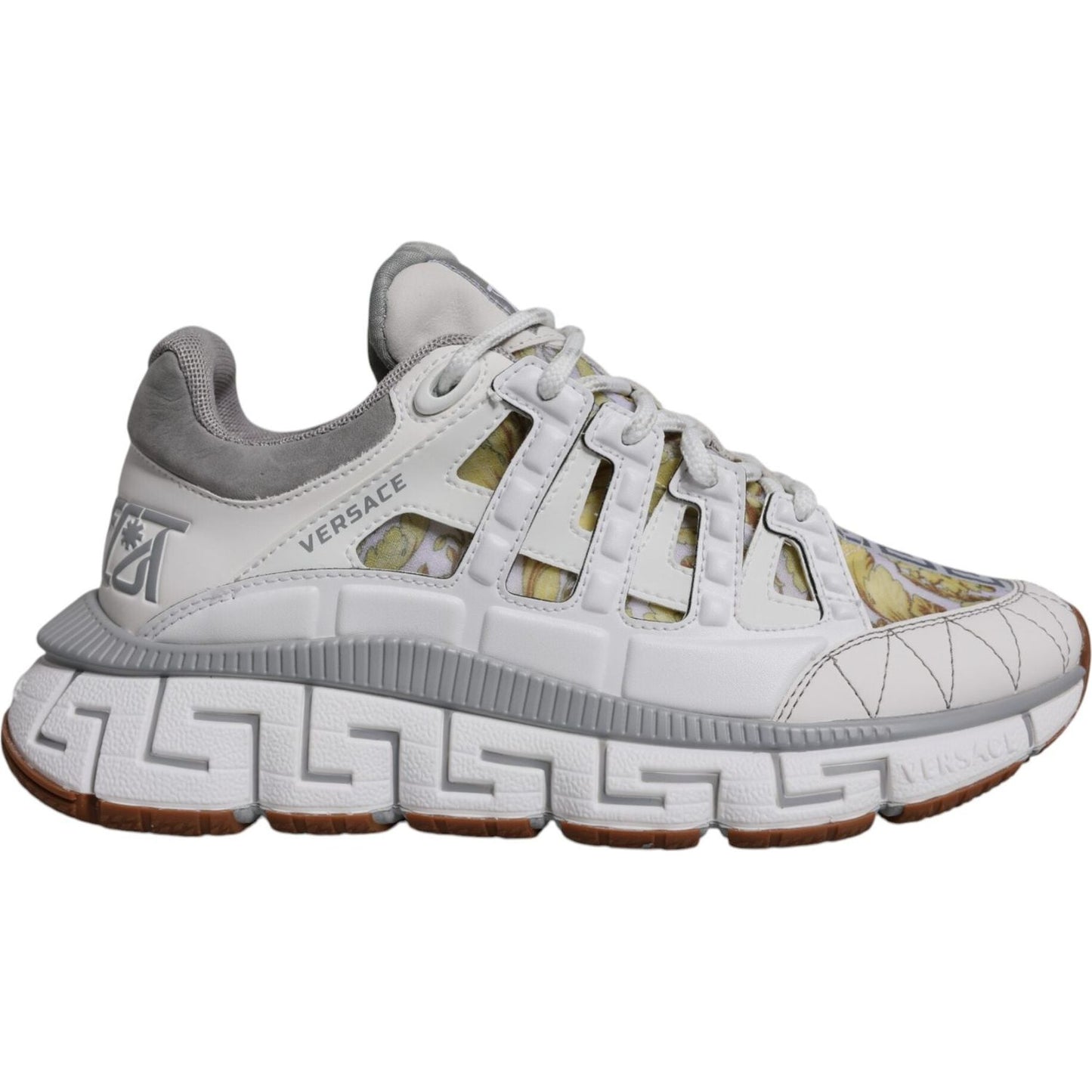 Versace white Trigreca Barocco print low-top sneakers with 3D Greca pattern, lace-up closure, and logo details, made in Italy.